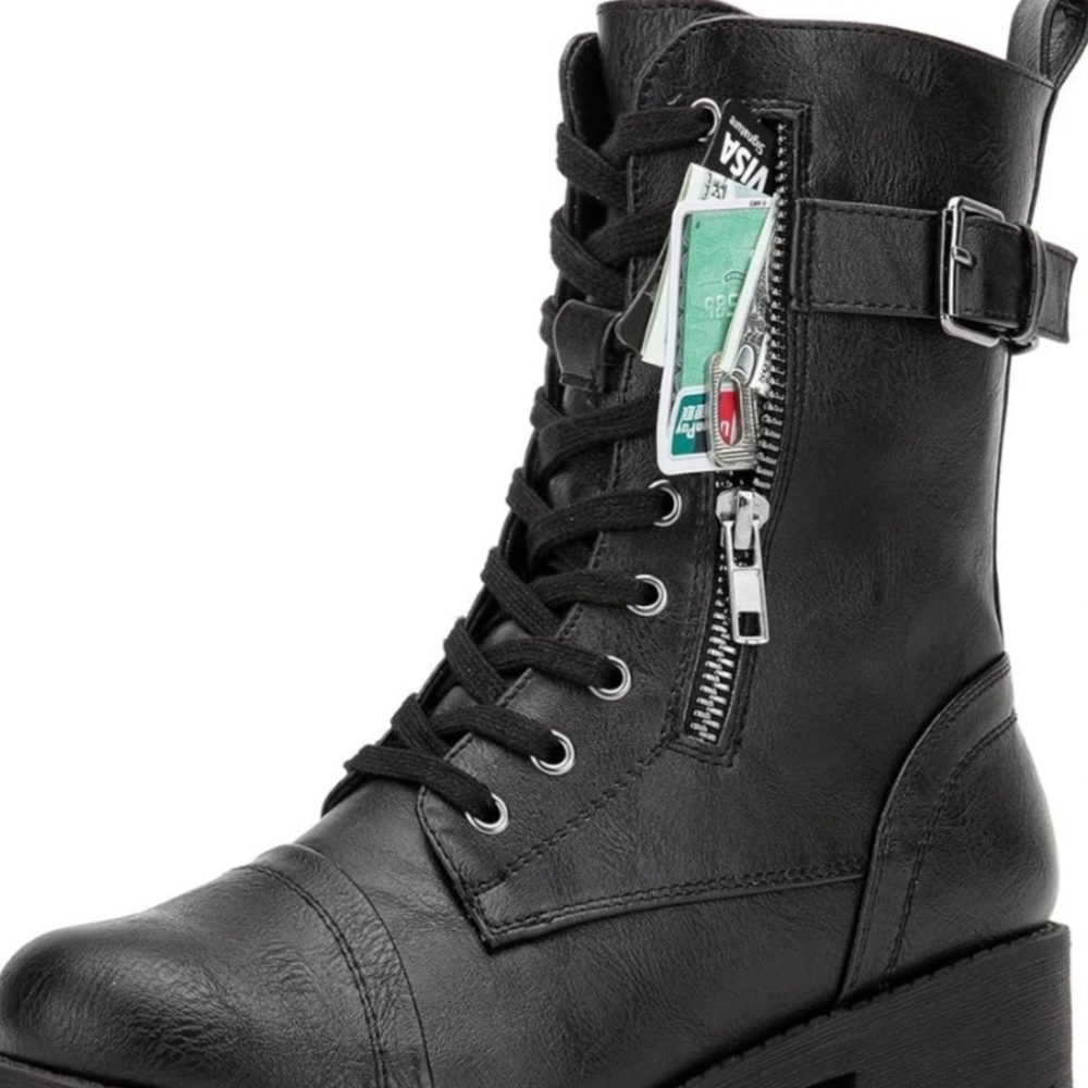Women's Mid-calf Combat Military Boots w/Card Knife Wallet Zipper Pocket Size 11 - Picture 2 of 13